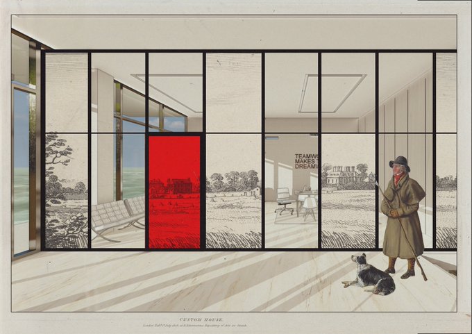 An architectural rendering of 'CUSTOM HOUSE' showing an interior space with large glass walls overlooking a landscape, featuring a man in a coat and hat with a dog, and a red-tinted doorway.