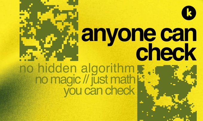 A yellow graphic with pixelated patterns and the text 'anyone can check' alongside 'no hidden algorithm, no magic // just math you can check.'