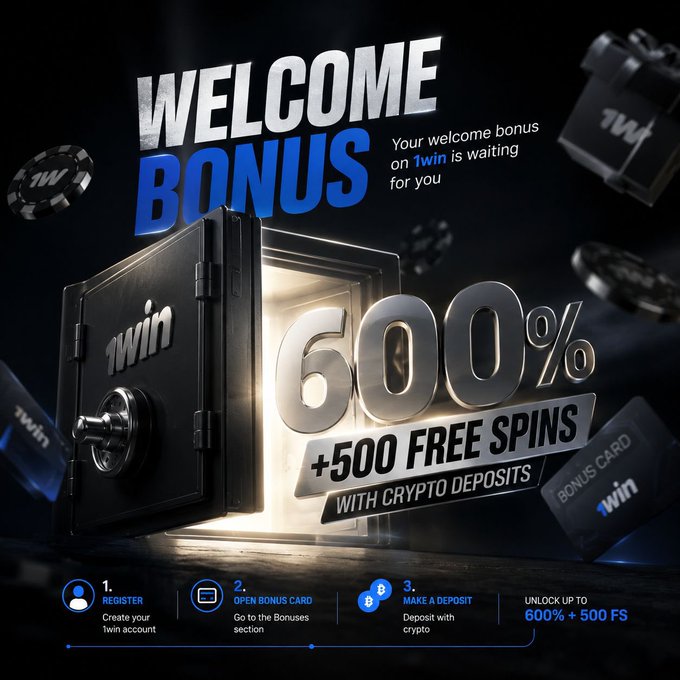 A dramatic promotional graphic featuring an open safe reveals "600% +500 FREE SPINS WITH CRYPTO DEPOSITS" from 1win, advertising a welcome bonus for new users who register, open the bonus card, and deposit with crypto. The visual of a glowing treasure chest containing the bonus aligns with the post highlighting 1win's welcome offer of up to 600% plus 500 free spins for eligible crypto deposits.