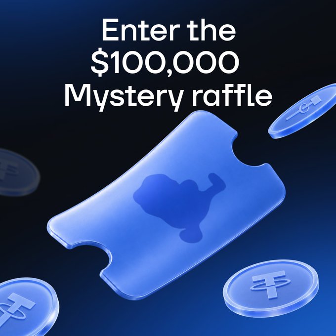 A blue 3D-rendered ticket floats against a dark background, surrounded by floating coins bearing cryptocurrency-style symbols, with bold white text reading "Enter the $100,000 Mystery raffle" advertising a $100,000 giveaway where every $100 in cross-chain swap volume earns an entry ticket.