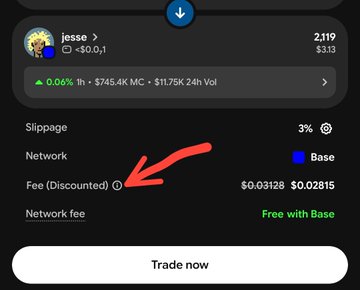 A screenshot of a crypto trading interface showing a token 'jesse' priced at $0.1 with a red arrow pointing to the 'Fee (Discounted)' row showing $0.03128 ($0.02815).