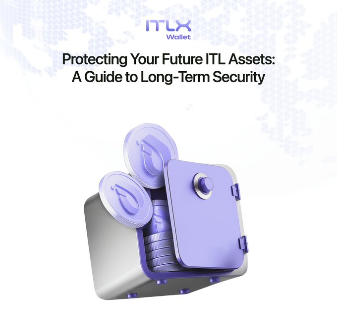 The image features a purple safe with three coins inside of it. The text "Protecting Your Future ITL Assets" is displayed above the safe, indicating that this image might be related to securing valuable items or assets. The phrase "A Guide to Long-Term Security As @inter_link moves closer to broader network adoption and future ecosystem expansion," suggests that the focus on asset security could be relevant in a rapidly changing technological landscape where networks expand and new threats emerge.