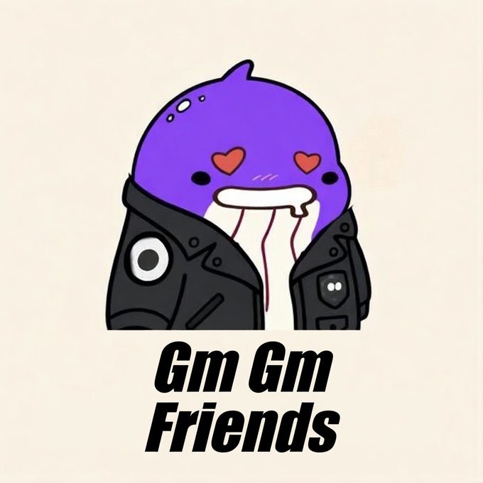 A cartoon illustration of a purple narwhal-like character with heart eyes wearing a black jacket, with text 'Gm Gm Friends' below.