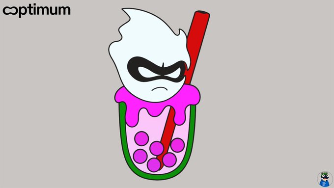 A digital illustration for 'optimum' showing an angry boba tea character with a frowning face behind a black domino mask, set against a light gray background.