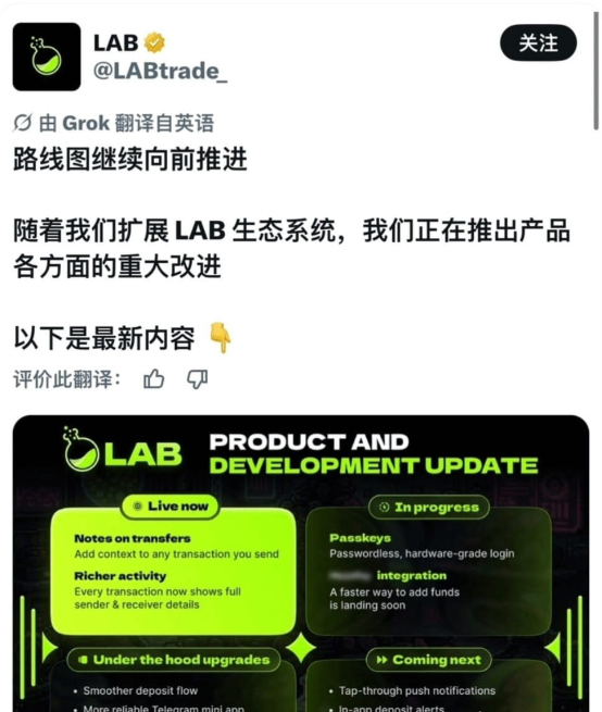 A Chinese-language tweet from @LABtrade_ translated by Grok announcing product updates for the LAB ecosystem, featuring a 'PRODUCT AND DEVELOPMENT UPDATE' graphic with sections like 'Live now' (Notes on transfers, Richer activity) and 'In progress' (Passkeys, Integration).