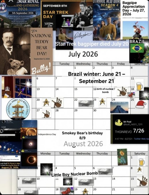 A densely annotated calendar collage spanning July and August 2026, marked with notable dates like "7/26 Moon in Gemini," "Smokey Bear's birthday 8/9," "Independence Day," and "Mayan New Year 7/24," alongside Brazilian winter (June 21 – September 21) and references to Star Trek, Smokey Bear, and Mr. Pool — visually highlighting celestial and cultural events relevant to the post about Brazil's winter timing, the July-August moon, and Mayan/Egyptian new years.