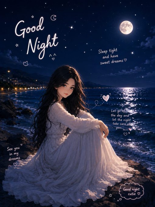 A "Good Night" greeting card features an illustrated young woman in a flowing white dress sitting on rocks by a moonlit ocean, accompanied by sweet messages like "Sleep tight and have sweet dreams" and "Good night cutie."