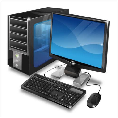 An illustration of a desktop computer setup featuring a black tower PC, a flat-screen monitor displaying a blue Windows-style background, a keyboard, mouse, and speakers.