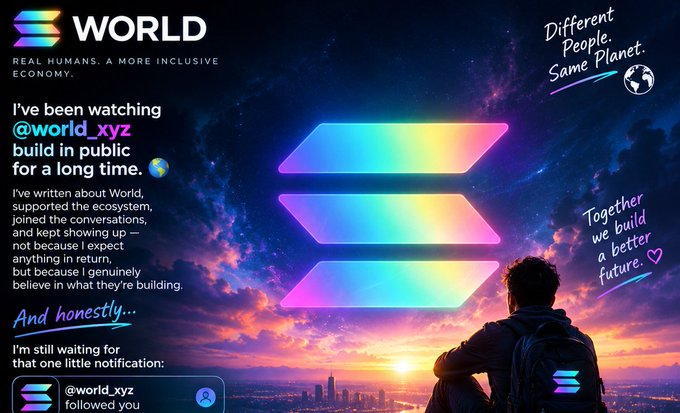 A promotional graphic for 'WORLD' (REAL HUMANS. A MORE INCLUSIVE ECONOMY.) with text discussing '@world_xyz', including phrases like 'Different People, Same Planet' and 'Together we build a better future.'