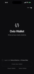 A mobile app screenshot showing the Oxio Wallet login screen with a dark theme and 'Where privacy meets simplicity' tagline.
