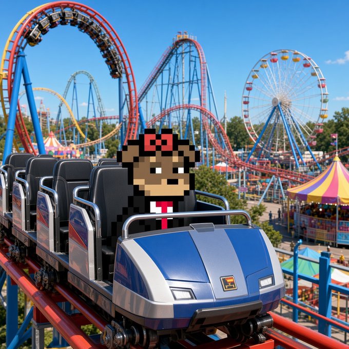 A pixel-art character wearing a red bow sits in the front car of a blue and silver roller coaster, with a Ferris wheel and other carnival rides visible in the background.