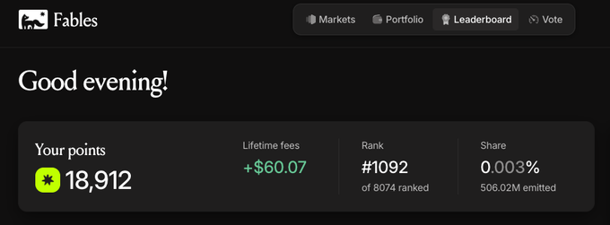 A Fables dashboard screenshot showing 'Good evening!', points of 18,912, lifetime fees +$60.07, rank #1092 of 8074 ranked, and share of 0.003%.
