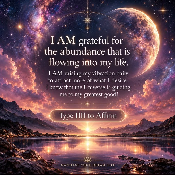 A cosmic landscape with mountains, a lake, and planets serves as the background for an affirmation reading 'I AM grateful for the abundance that is flowing into my life', with a button saying 'Type 1111 to Affirm'.