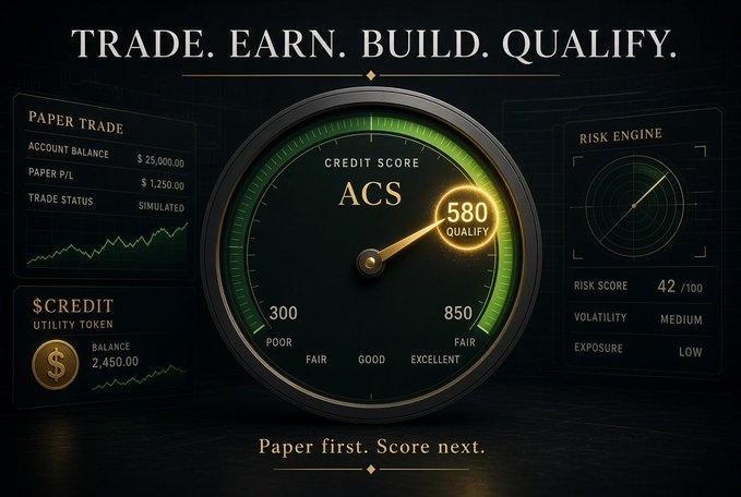 A financial dashboard interface displaying 'TRADE. EARN. BUILD. QUALIFY.' with a large credit score gauge showing 'ACS 580 QUALIFY', paper trading stats with $25,000.00 balance, and a risk engine panel.