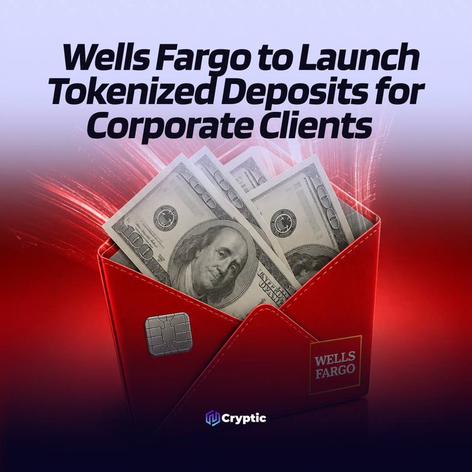 A Wells Fargo branded credit cardholder and $100 bills burst forth in a red digital glow, illustrating the bank's move into blockchain-powered tokenized deposits for corporate clients.