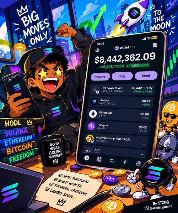A vibrant, cartoon-style image features an excited anime-style character celebrating with star-shaped eyes while holding a phone, surrounded by crypto-themed elements including a large mobile wallet interface displaying a balance of "$8,442,362.09" with assets like "Solana," "Ethereum," "Polygon," and an "Unknown Token," along with signs reading "BIG MOVES ONLY," "TO THE MOON," "HODL SOLANA ETHEREUM BITCOIN FREEDOM," and a checklist including "GROW PORTFOLIO," "BUILD WEALTH," "FINANCIAL FREEDOM," and "LAMBO SOON..."—visually promoting the excitement and potential massive gains of engaging with a crypto giveaway targeting Solana ($SOL) holders.
