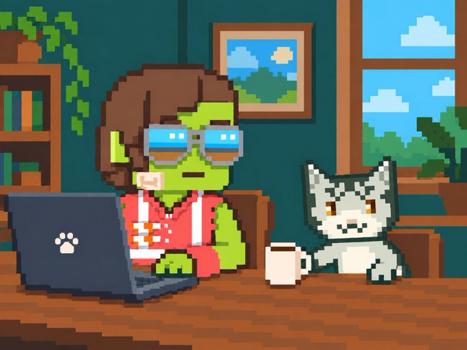 A pixel art illustration shows a green-skinned character with brown hair and VR-like sunglasses sitting at a desk with a laptop displaying a paw print logo, accompanied by a gray cat and a coffee mug in a cozy room with a window view.