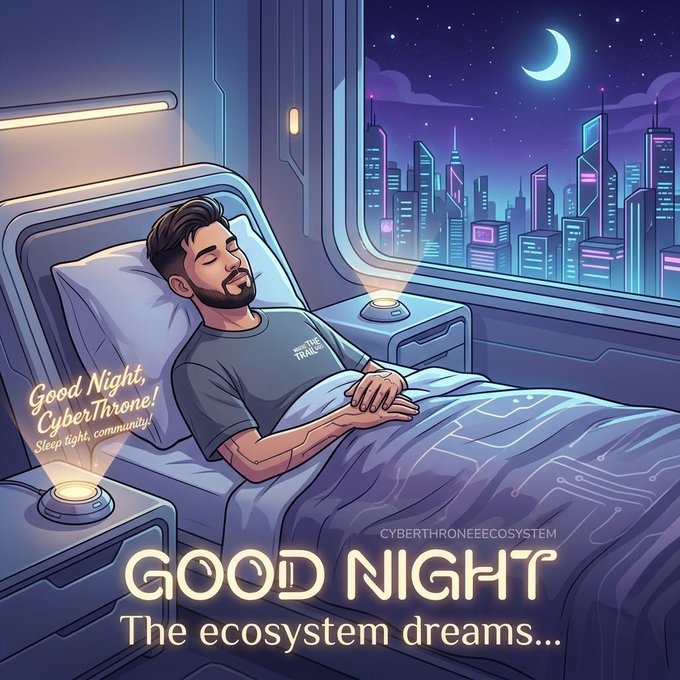 An illustrated "Good Night" post from CyberThroneEcosystem showing a bearded man sleeping in a futuristic bedroom with a cyberpunk city skyline and crescent moon visible through the window, with text reading "Good Night, CyberThrone! Sleep tight, community!" and "GOOD NIGHT - The ecosystem dreams..."