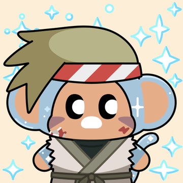 A cartoon-style illustration of a chibi character with mouse-like ears, wearing a red and white striped headband, a white martial arts-style outfit, and holding what appears to be a weapon, with small blood marks on the face, set against a sparkly background.