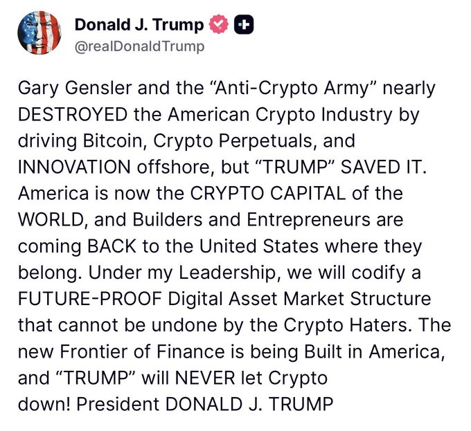 The image features a screenshot of an article posted as a Twitter account. In this case, the Twitter user has tagged Donald Trump with their name at the top left corner of the tweet. The post is about cryptocurrency, specifically the "Anti-Crypto Army" and its impact on American industry. One point made in the text is that Bitcoin could be driving the destruction of the American Cryptocoin industry by destroying capital. The hashtag "# TRUMP #cryptocurrency" seems to have been used to categorize or tag the image along with the user's name, indicating they might be discussing this post about Trump and cryptocurrency.