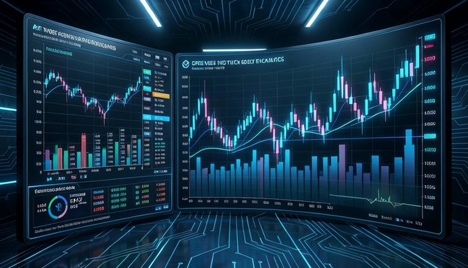 A futuristic digital display showing financial trading charts, candlestick graphs, and bar charts in neon blue and pink colors against a dark background with circuit board patterns.