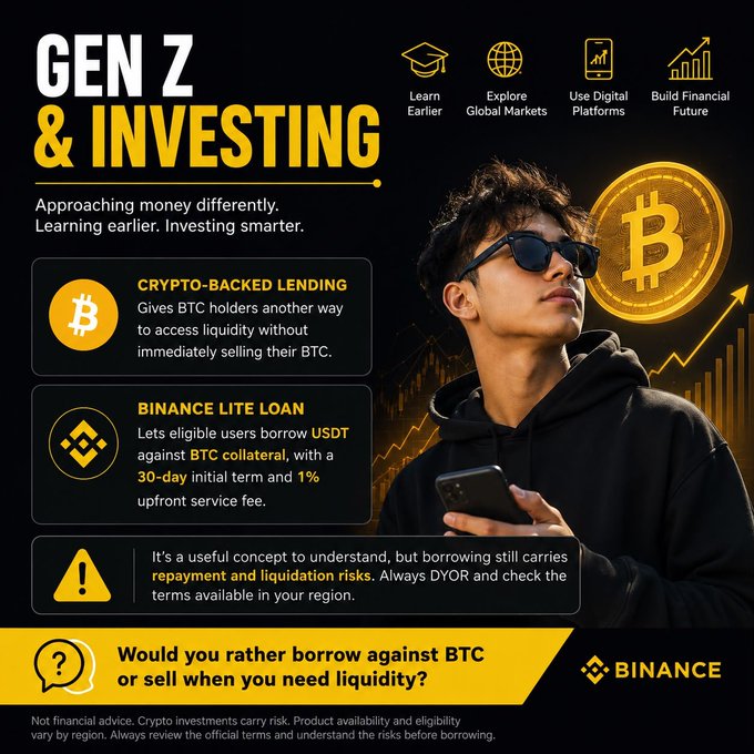 A Binance promotional graphic titled 'GEN Z & INVESTING' detailing crypto-backed lending and Binance Lite Loan options, featuring a young man in sunglasses with a Bitcoin overlay.