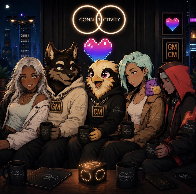 An anime-style illustration of five characters, including anthropomorphic animals and humans wearing 'GM' and 'CM' chains, sitting together holding mugs with the 'CONN3CTIVITY' infinity logo displayed above them.