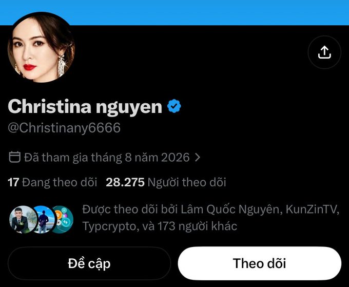 An X (formerly Twitter) profile page for 'Christina nguyen' (@Christinany6666), a verified account with 17 following and 28,275 followers, joined in August 2026.