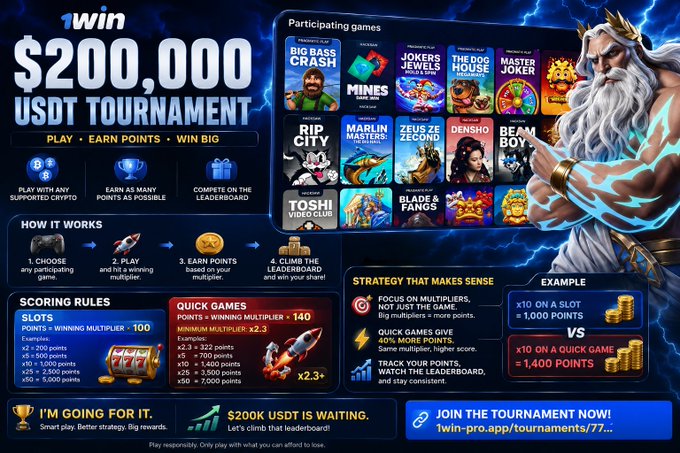 A promotional advertisement for a '1win $200,000 USDT Tournament' featuring a Zeus-like figure with lightning, listing participating games like Big Bass Crash, Mines, Rip City, Zeus vs Hades, and detailing scoring rules and multipliers.