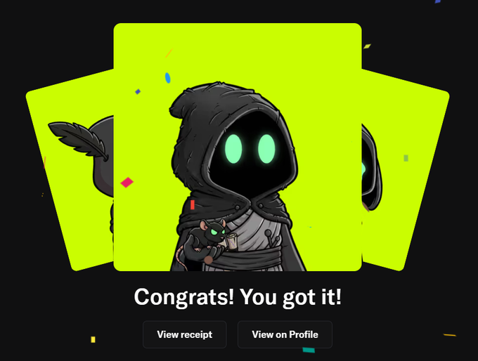 A digital character with glowing green eyes wearing a dark hooded cloak holds a small creature, displayed on neon yellow trading card backgrounds. The text reads "Congrats! You got it!" with "View receipt" and "View on Profile" buttons, celebrating the successful NFT purchase of Robin The Hoodini artwork on OpenSea.