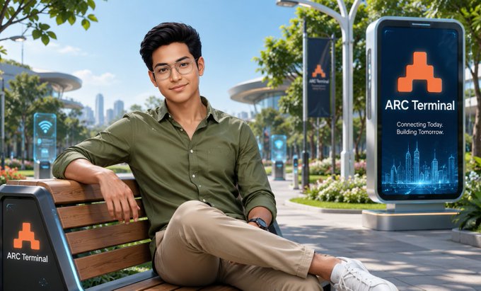 Promotional image showing a young man with glasses sitting on a bench in an urban setting with 'ARC Terminal' digital displays visible, featuring the tagline 'Connecting Today, Building Tomorrow.'