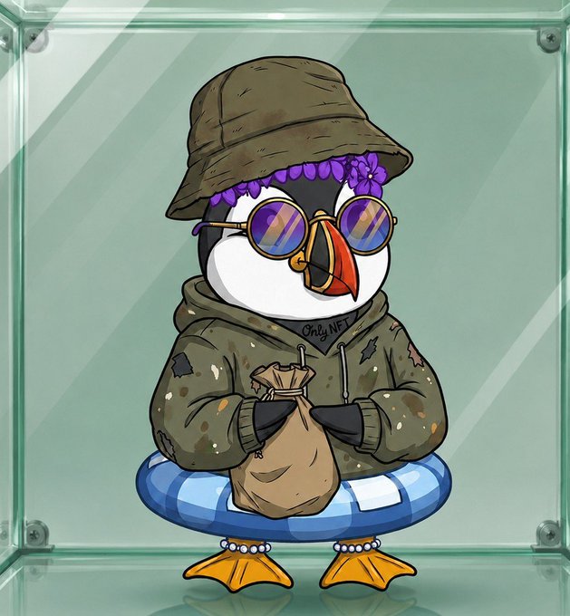 The image features a cartoon penguin wearing sunglasses and holding a bag while floating on an inflatable raft. The post includes text that reads "Gm, let' s get the grind started! [ $RIVER ]". This suggests that there is a connection between the image of the penguin and the post's content.