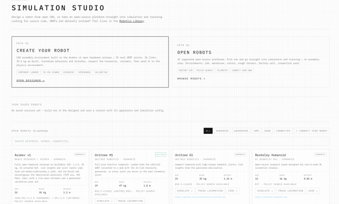 Screenshot of a web interface titled 'SIMULATION STUDIO' for 'CREATE YOUR ROBOT' and 'OPEN ROBOTS', featuring open-source platforms like AnyGlove and CSM, and showing available robots such as AnyGlove V5, Unitree H1, Unitree G1, and Berkeley Humanoid.