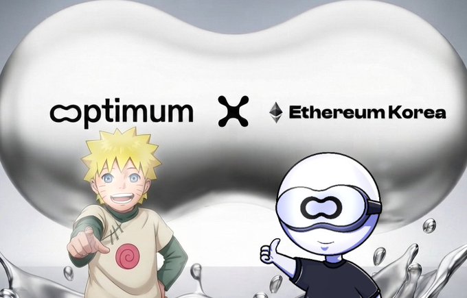 A promotional graphic featuring the Optimum and Ethereum Korea logos alongside a Naruto character and a cartoon mascot wearing a VR/AR headset, set against a metallic silver blob shape.