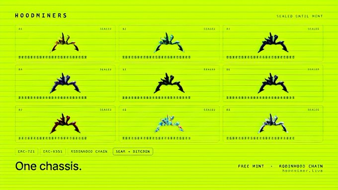 A bright yellow-green NFT webpage titled 'HOODNINERS' displaying a 3x3 grid of sealed tokenized assets with 'One chassis.' and 'FREE MINT • HOODMINDS.CHAIN' text.