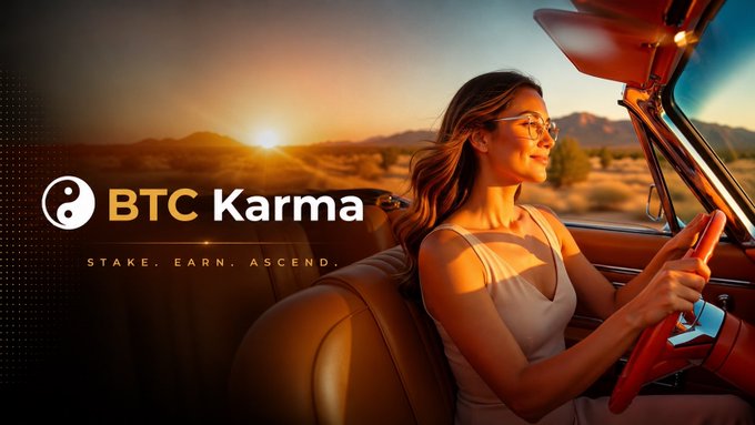 A promotional banner for 'BTC Karma' shows a woman with sunglasses driving a convertible at sunset, with the tagline 'STAKE. EARN. ASCEND.' and a yin-yang style logo.