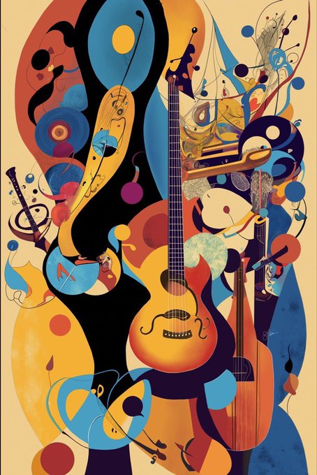 A vibrant, abstract artistic illustration featuring an orange acoustic guitar and other musical instruments like a violin and clarinet, interwoven with flowing colorful shapes in blue, orange, red, and purple tones against a beige background.