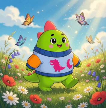 The image features a green dinosaur walking through a field with flowers and butterflies. The background includes a blue sky filled with clouds and white stars, creating a serene atmosphere. The post highlights that Sumex Labs stands out because of its unique multi-chain command center design, which allows users to seamlessly switch between different apps without the need for constant navigation or jumping between networks.