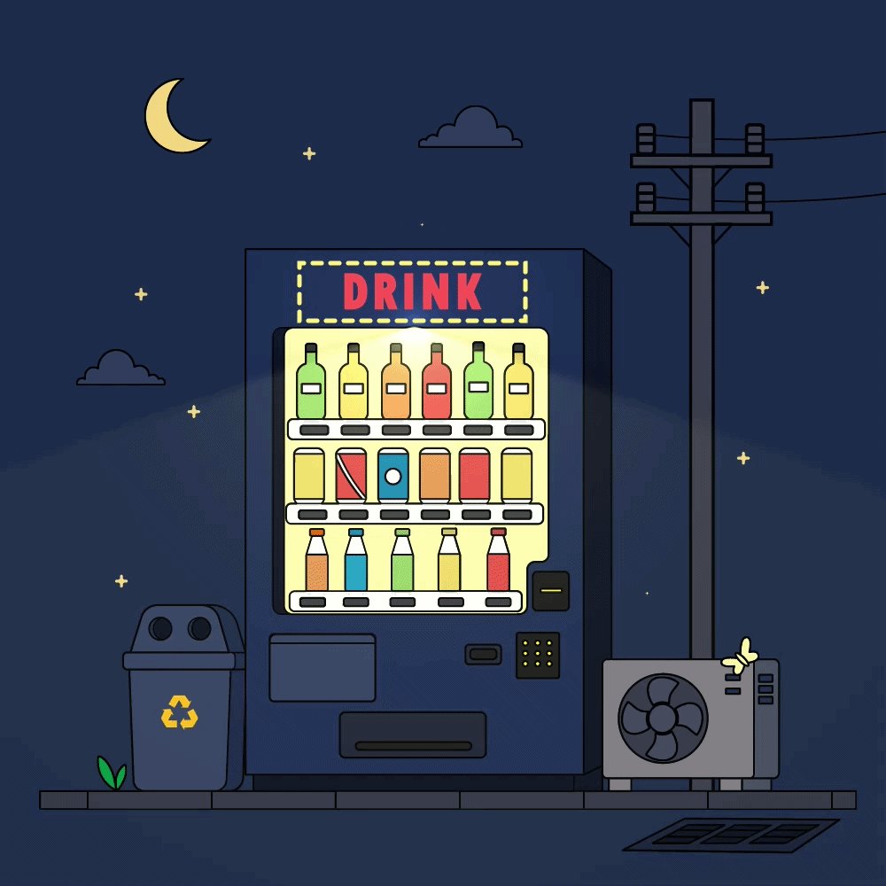 The image features a vending machine with a "DRINK" sign, surrounded by various items such as bottles of alcohol and soda cans. The scene takes place at night under a dark sky with stars visible through the clouds. A small trash can is also present in the scene. The post related to this image reads: 
"GM Not every light shines to be noticed. Some stay on because someone might need them. Still Serving 0.01 Eth 1/1 available on @TransientLabs".