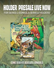 A promotional image for 'HOLDER PRESALE LIVE NOW' for Sleeper Friends comic books, specifying availability for Series 1 Iconics & Series 2 Holders, with comic book covers #2 'Irritoclate Romaliolo' visible.