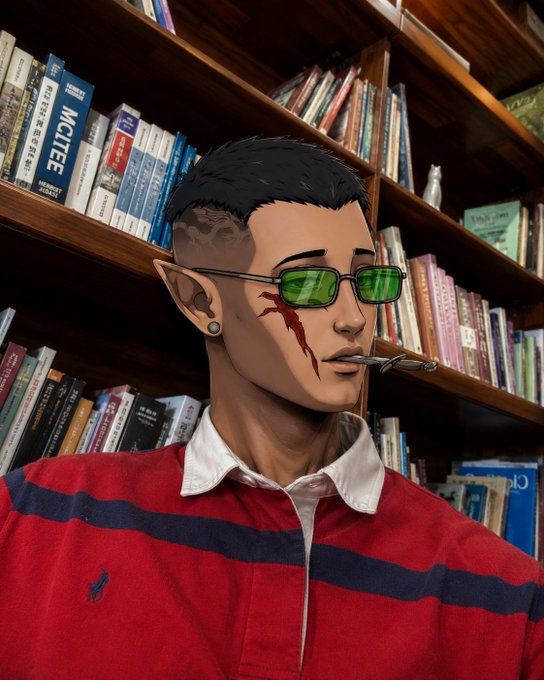 An anime-style character with an undercut and pointed ears, wearing a red Ralph Lauren polo and sunglasses, stands in a library setting. The image's cool, confident aesthetic complements the optimistic sentiment of the post, "Good Morning CT Today will be Great."