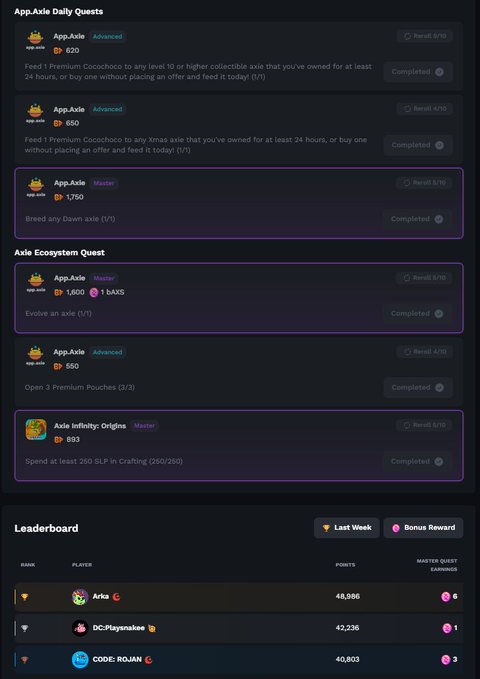 The image shows a game interface displaying "App.Axie Daily Quests" and "Axie Ecosystem Quest" with completed statuses, alongside a leaderboard where CODE: ROJAN ranks #3 with 40,803 points, behind Arka (48,386) and DC-Playnalee (42,236), supporting their post about staying in the top 3.