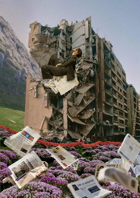The image is a surreal collage showing a figure in a dark suit peacefully reclining atop a crumbling, partially destroyed concrete building, surrounded by a lush field of pink and purple flowers with scattered newspapers floating in the foreground. Visible text on the newspapers includes "lott," "10010," and "lait et alan," with the dreamy sky and mountains creating a stark contrast between destruction and serenity. The collage beautifully aligns with the post's theme, illustrating how words and inner stillness can lift us above physical ruin, carrying us beyond destruction without needing to move a single stone.