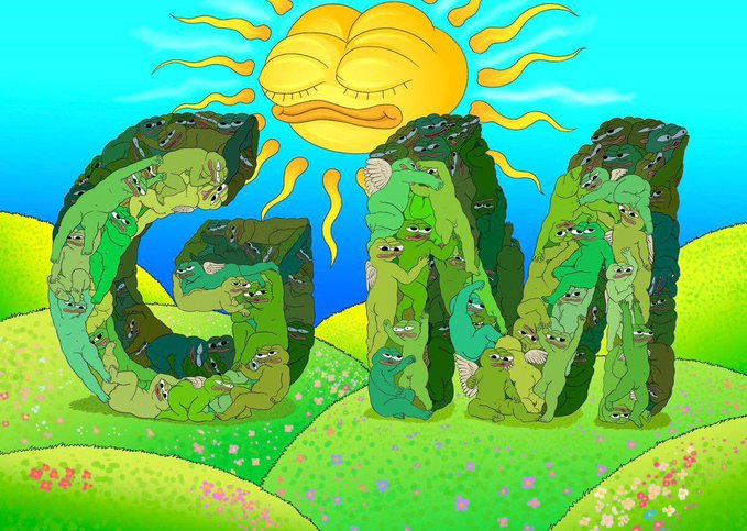 A Pepe the Frog themed illustration forming the letters 'GM' in a grassy landscape, with a smiling sun overhead against a bright blue sky.