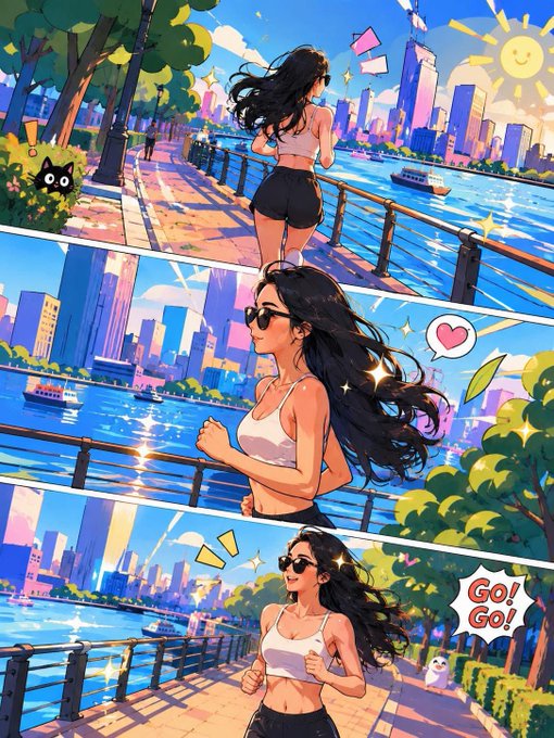 The image features a woman running along a path near water, with buildings visible in the background. The scene is divided into three panels, each depicting different aspects of her journey. In one panel, she is seen running past a boat on the river. Another panel shows her walking along the pier while wearing sunglasses and carrying a handbag. The third panel captures her at rest near the water's edge with a bird perched nearby.

The post includes text that reads "Hôm nay có thể chỉ là một cơ hội việc làm, một đối tác, một khách hặc một người kéo bạn chăm chăm kiếm tiền trên 𝕏. Hãy xây dựng sự".