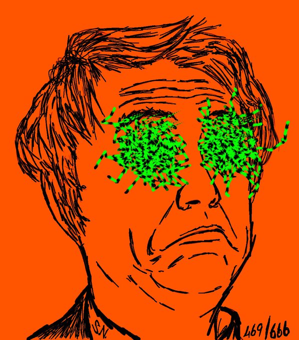 A black ink line drawing of Donald Trump on an orange background features clusters of bright green virus-like particles emerging from where his eyes would be, signed with '469/666'.