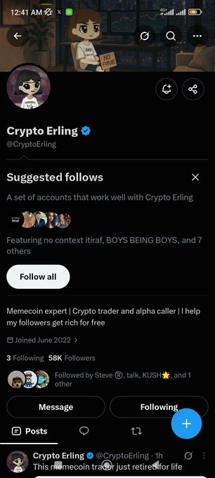 Twitter/X profile screenshot for 'Crypto Erling' (@CryptoErling), a verified account describing themselves as a 'Memecoin expert' with 58K followers, featuring a suggested follows pop-up.