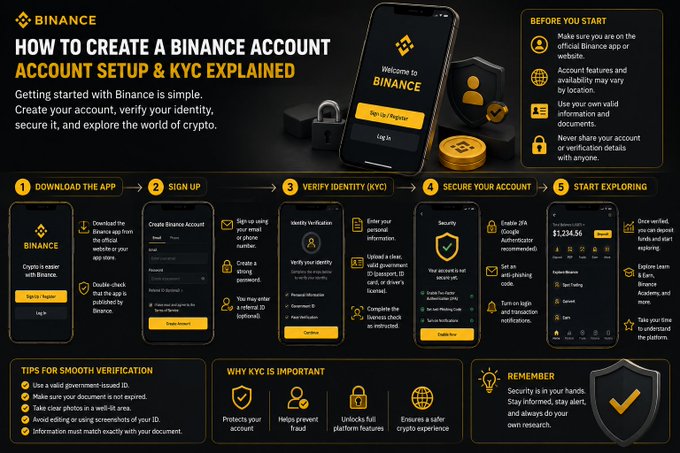 The image is a comprehensive Binance tutorial infographic titled "HOW TO CREATE A BINANCE ACCOUNT - ACCOUNT SETUP & KYC EXPLAINED," illustrating five steps: Download the App, Sign Up, Verify Identity (KYC), Secure Your Account, and Start Exploring, with key details like the example balance showing $1,234.56 and an "Active" verification status.

The infographic visually reinforces the post's message by walking new users through the practical steps of account creation while emphasizing the critical security and verification components—particularly KYC and 2FA setup—that the post highlights as essential to understand before trading crypto.