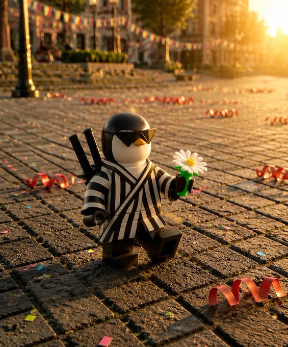 A 3D-rendered penguin character wearing sunglasses and a black-and-white striped suit, holding flowers and a small item, walking on a cobblestone street scattered with confetti at sunset.