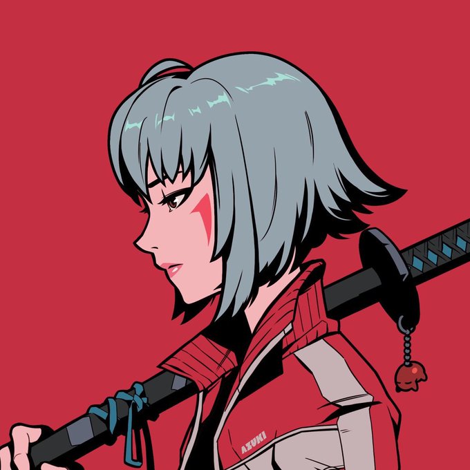 An anime-style character with silver-blue hair and a katana against a red background features the text "AZUKI" on her jacket, visually tying into the post's praise for Azuki's clean branding ahead of the "Brick by Brick" discussion.
